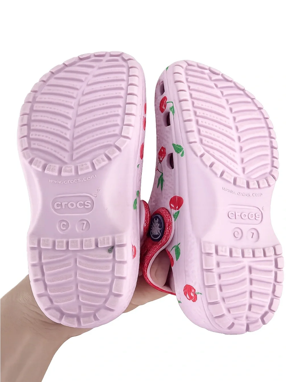 Kids Crocs Classic Cherry Print Clogs | Pink Glitter Strap | Size C7